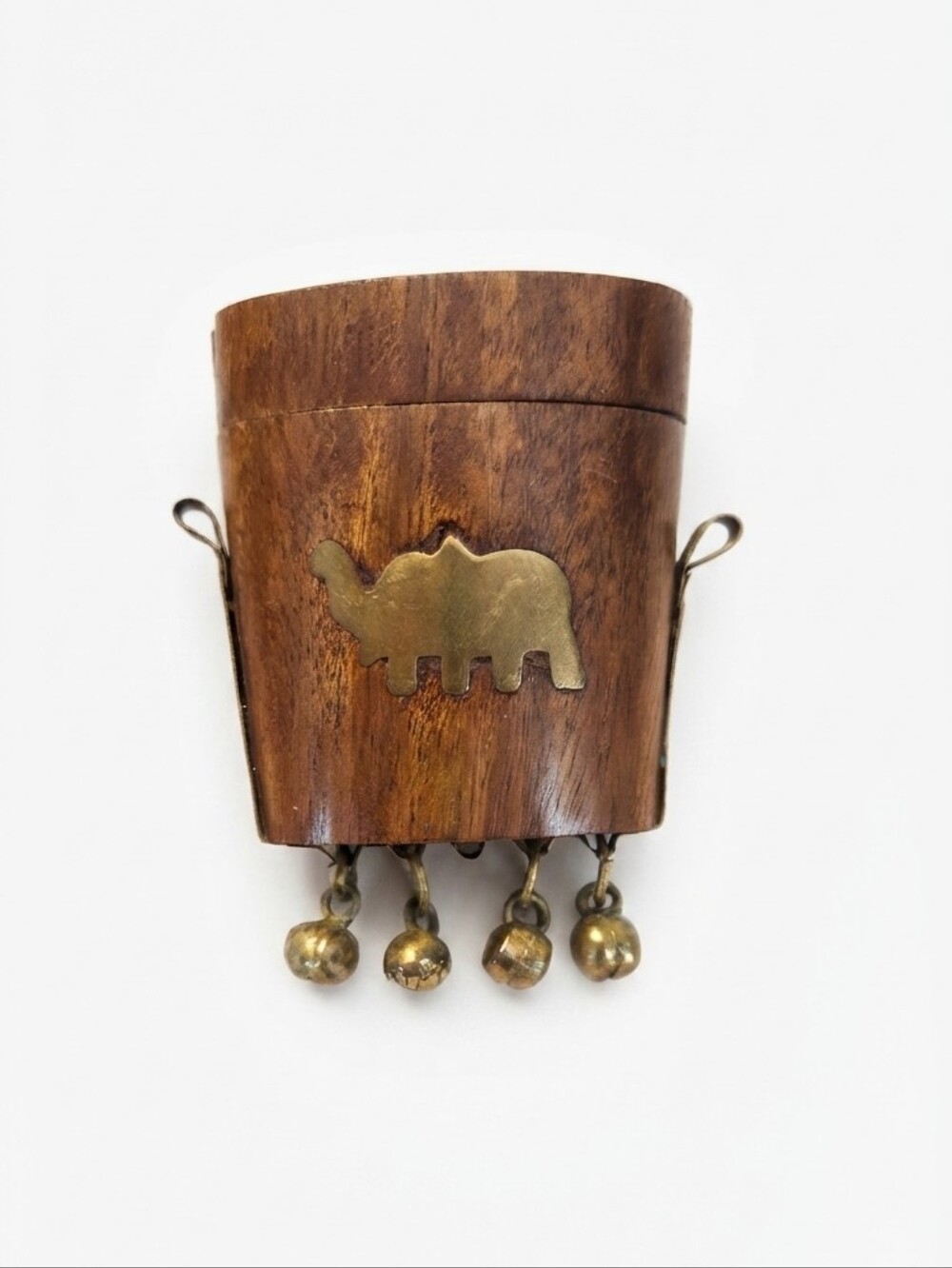 Vintage Hand Carved Wooden Trinket Box with Brass Camel Inlay and Jingle Bells –